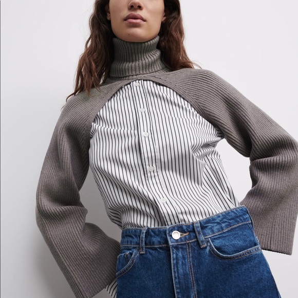 ZARA Knit Turtleneck Arm Warmer Sweater Grey - Picture 5 of 6